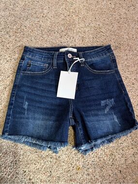 KanCan Dark Blue Frayed Hem Denim Shorts